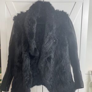 Elegant Black Rabbit Fur and Leather Women's Teddy Jacket